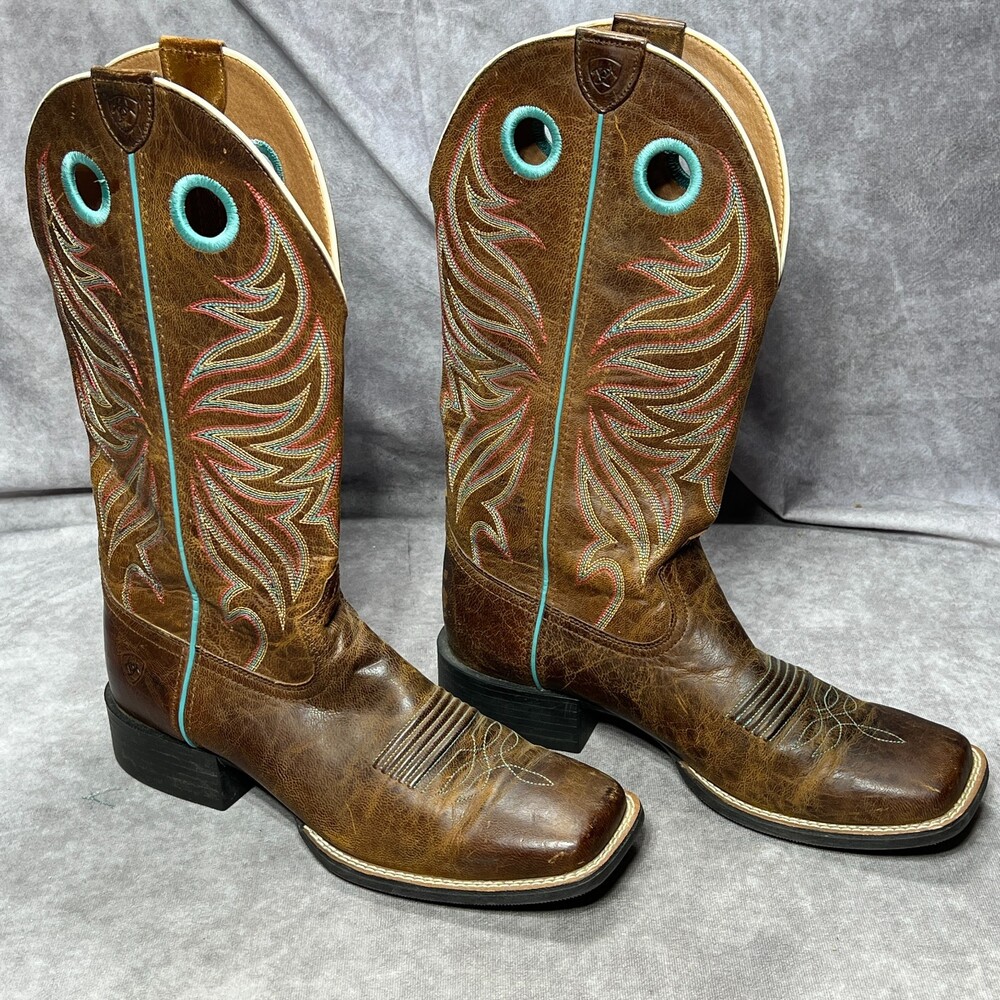 Ariat Boots Womens 9 B Turquoise Brown Round Up Ryder Western Square Toe Leather